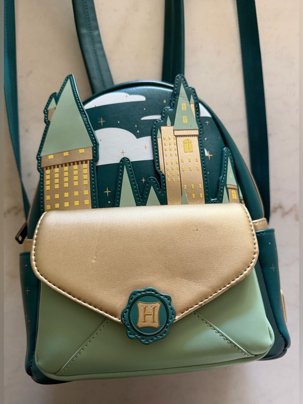 Harry Potter - GOLDEN HOGWARTS CASTLE 10” Faux Leather Mini Backpack, LOUNGEFLY - Picture 3 of 10